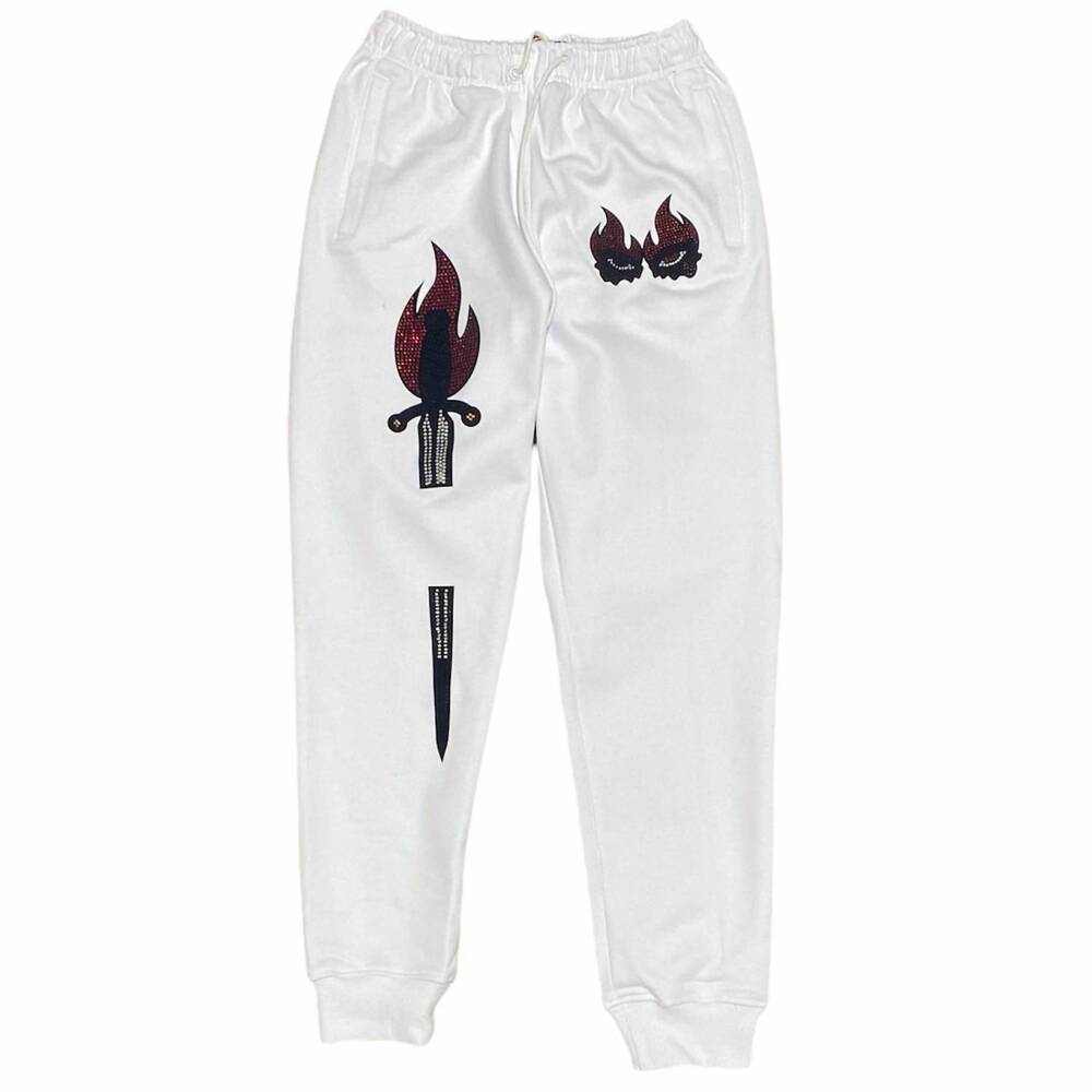 NEW ROKU STUDIO men's double eye sword rhinestone sweatpants in white